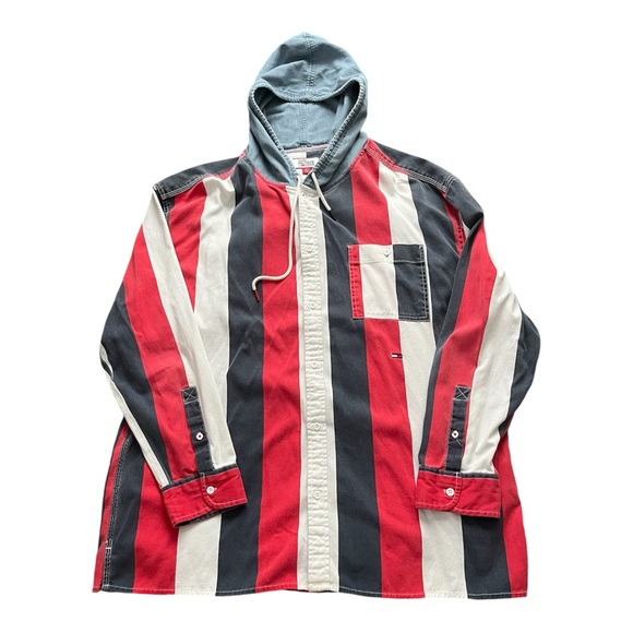 TOMMY HILFIGER Men's Stripe Hooded RELAXED Button Shirt Cotton - Picture 1 of 6